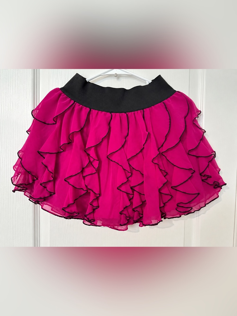 Express Fuchsia Ruffle Mini Skirt with Black Waistband